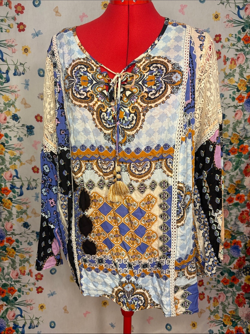 Democracy - Bohemian Lace-Trim Tunic Top - Blue, Gold, Black, Cream w/ Tassels